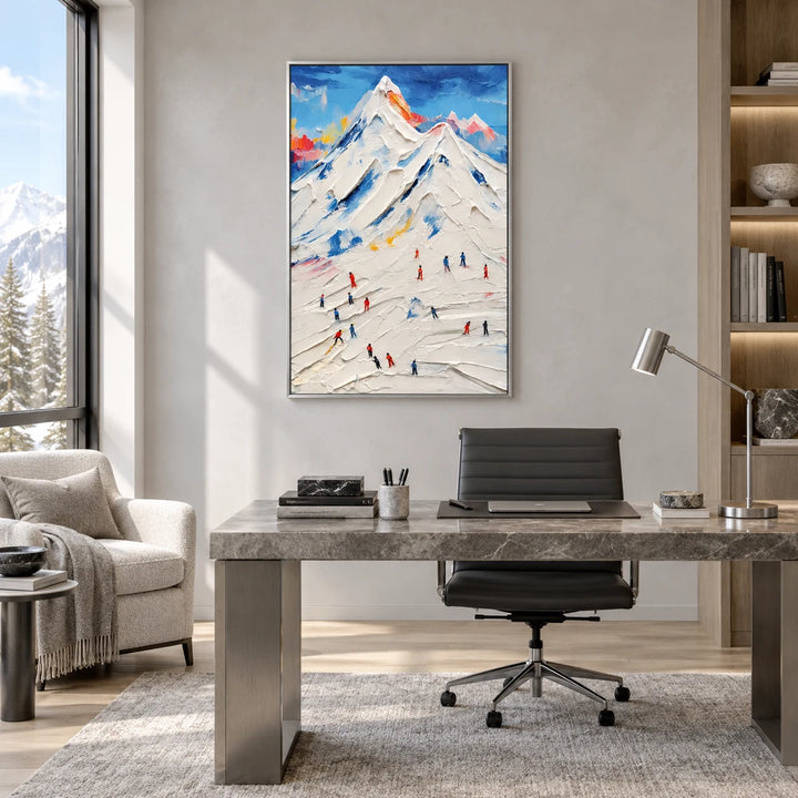 TA2929 Impasto Ski Mountain Landscape Painting in silver frame, full styled home interior
