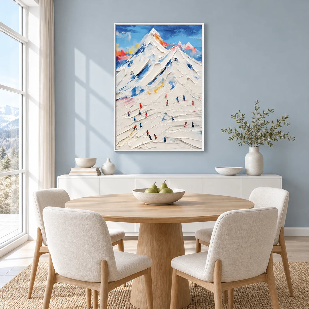 TA2929 Impasto Ski Mountain Landscape Painting in white frame, full styled home interior