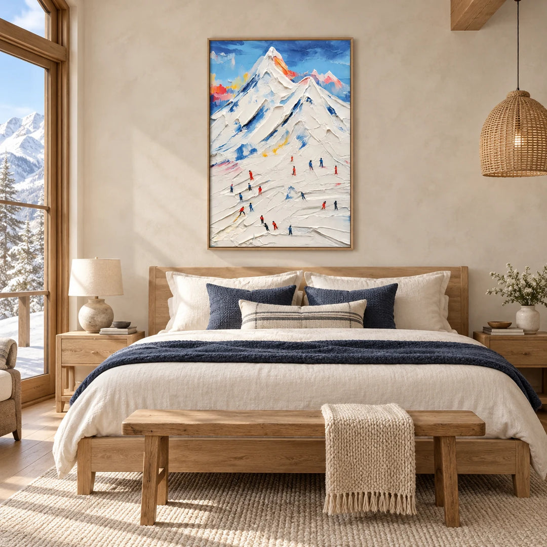 TA2929 Impasto Ski Mountain Landscape Painting in wood frame, full styled home interior