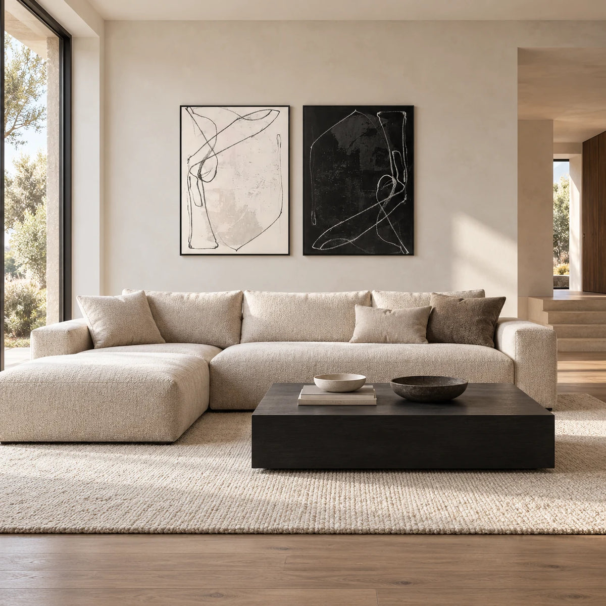 Same room with Black & White Minimal Line Diptych  TA#2936 in Black Frame