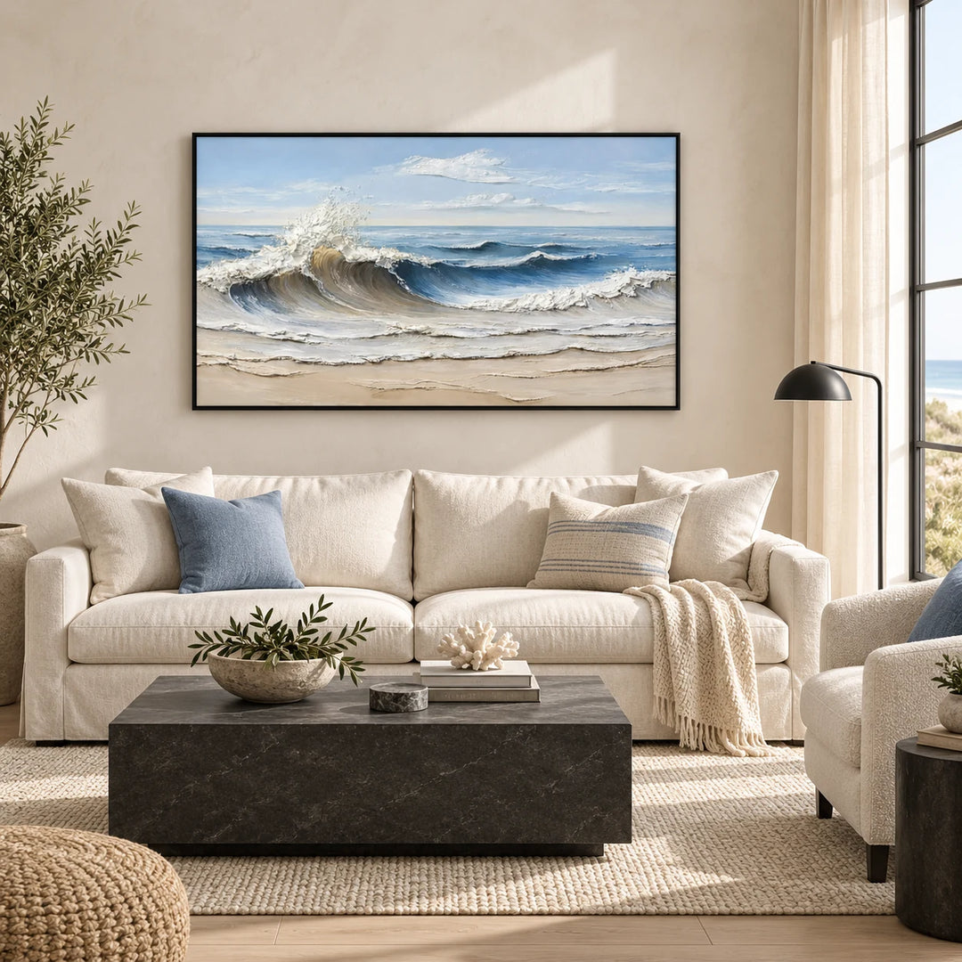 TA3033 Coastal Breaker Painting in black frame, full styled home interior