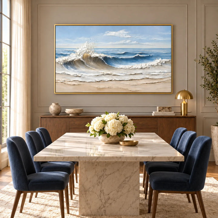 TA3033 Coastal Breaker Painting in gold frame, full styled home interior