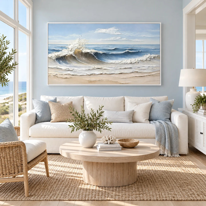 TA3033 Coastal Breaker Painting in white frame, full styled home interior