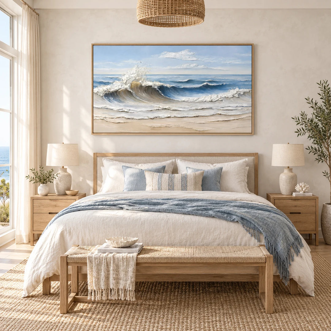 TA3033 Coastal Breaker Painting in wood frame, full styled home interior