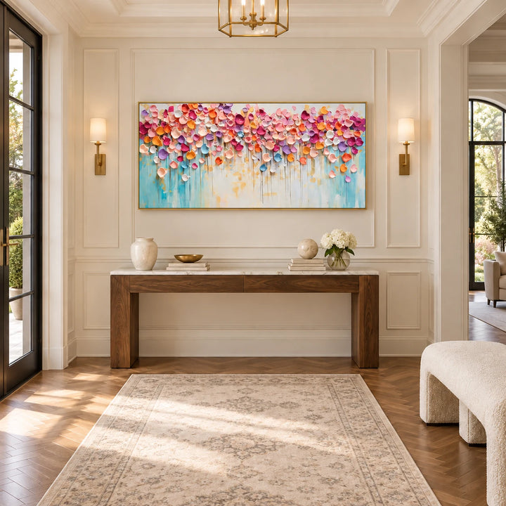 TA3042 pastel floral impasto relief painting with gold frame in a complete contemporary classic foyer