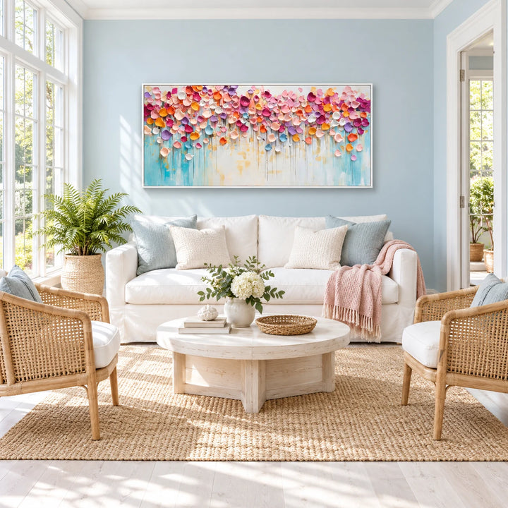 TA3042 pastel floral impasto relief painting with white frame in a complete bright Scandinavian conservatory