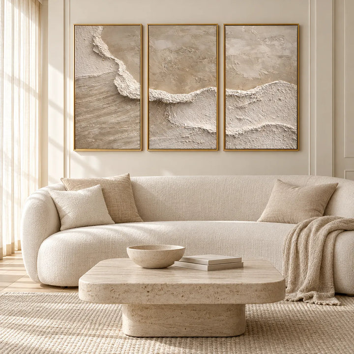 TA3050 gold frame in a unique cream, natural oak and linen room