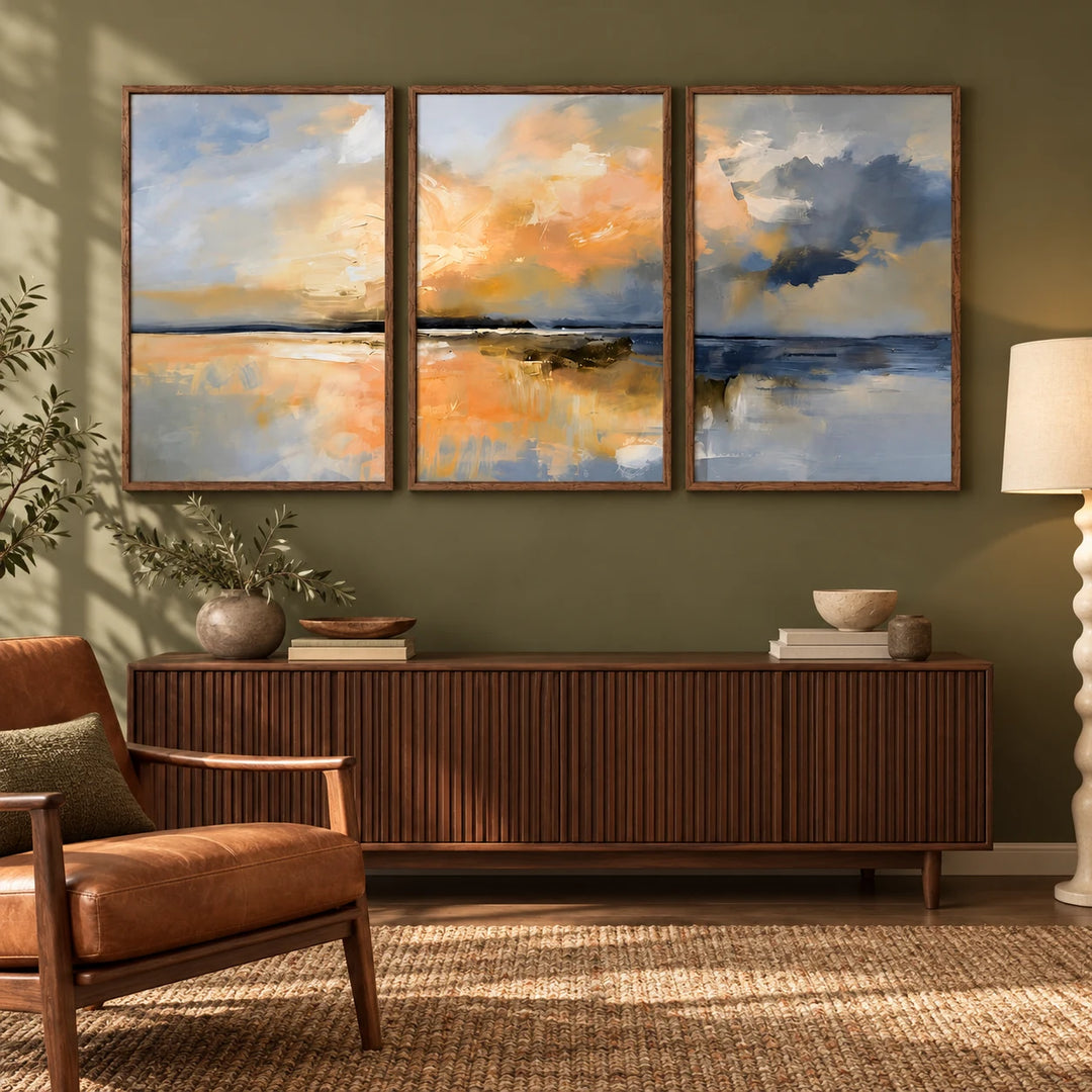 TP1419 coastal landscape triptych with dark walnut frames in an olive midcentury reading room