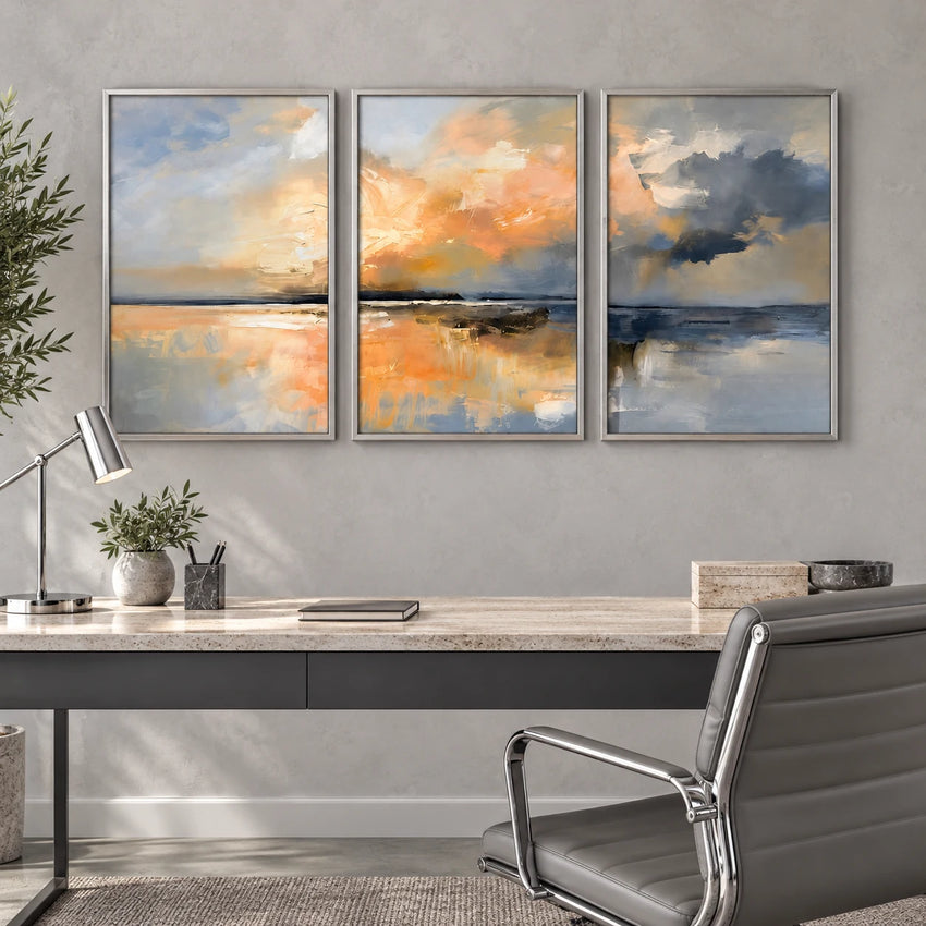 TP1419 coastal landscape triptych with silver frames above a contemporary home office desk