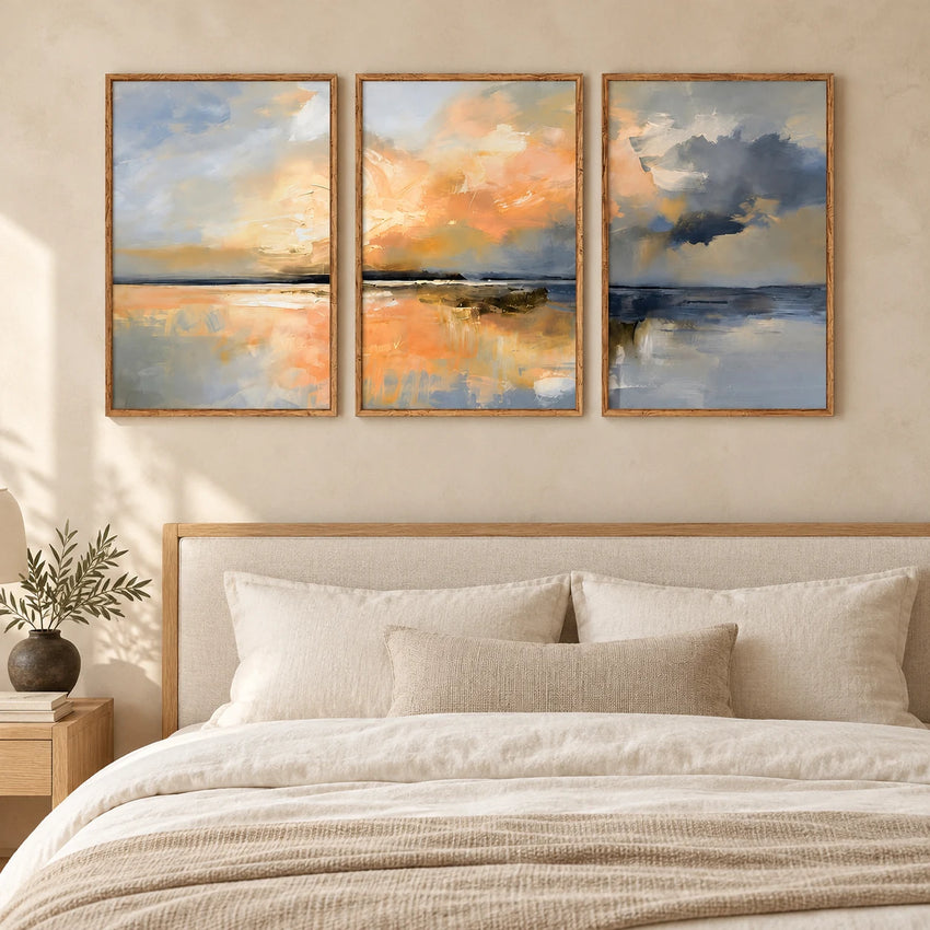 TP1419 coastal landscape triptych with natural oak frames in a Japandi bedroom