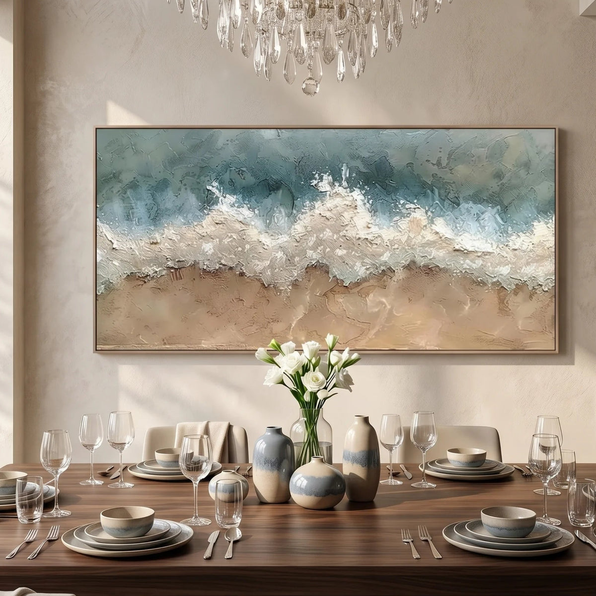 Textured Beach Wave Canvas Painting in Teal and Sand TA#1207 — Existing room preview room preview