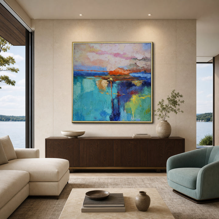 Turquoise Abstract Landscape Hand-Painted | HM