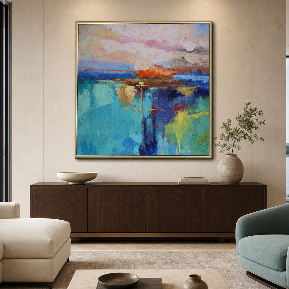 Turquoise Abstract Landscape Hand-Painted | HM#0719 — Existing room preview room preview
