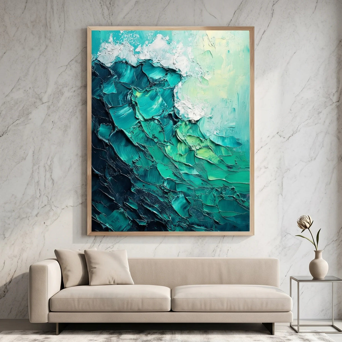 Vertical Teal Abstract Wave Canvas Painting with Texture TA#1212 — Existing room preview room preview