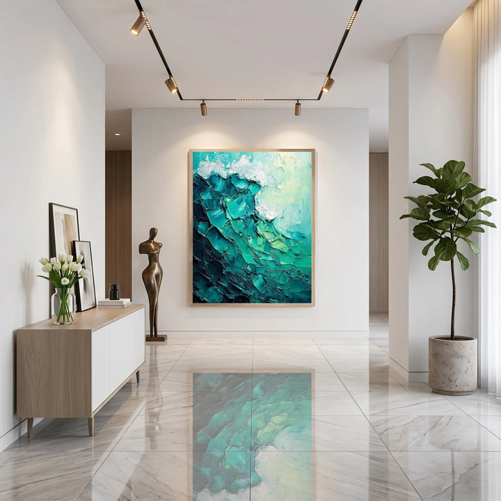 Vertical Teal Abstract Wave Canvas Print with Texture TA
