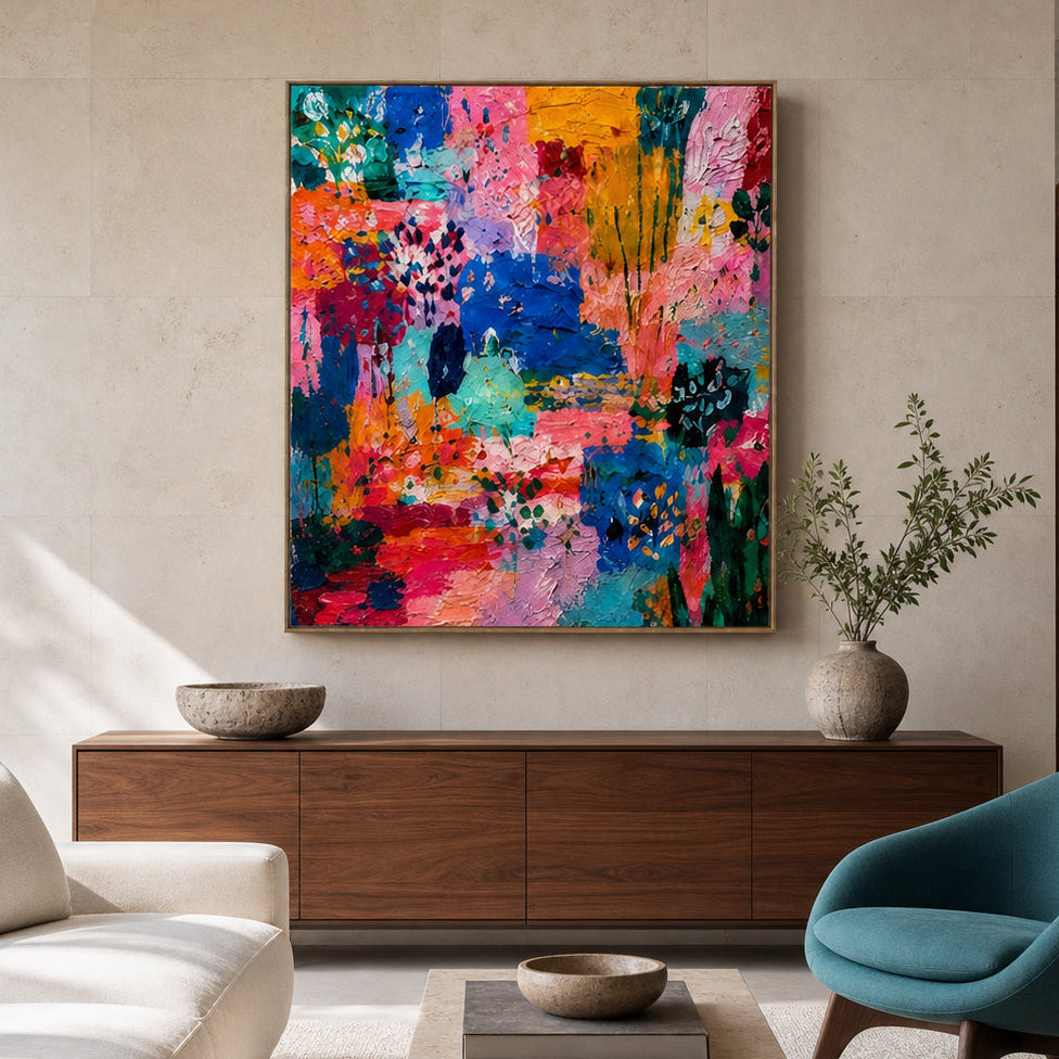 Vibrant Patchwork Abstract Hand-Painted | HM#0720 — Existing room preview room preview