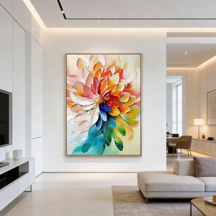 Vibrant Rainbow Dahlia Thick Impasto Floral Art TA