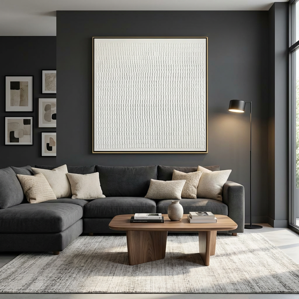 White Geometric Grid Relief Textured Painting TA