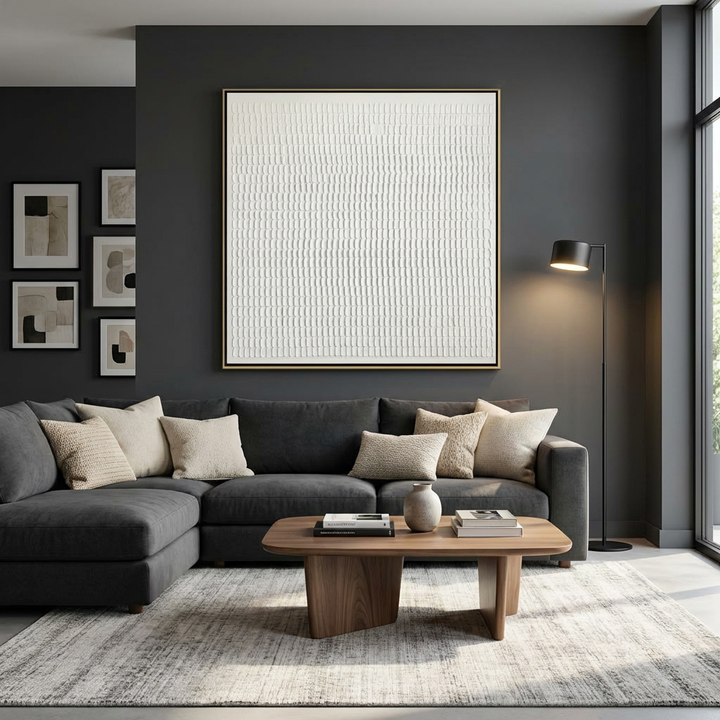 White Geometric Grid Relief Textured Painting TA