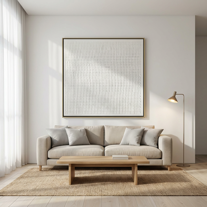 White Geometric Grid Relief Textured Painting TA