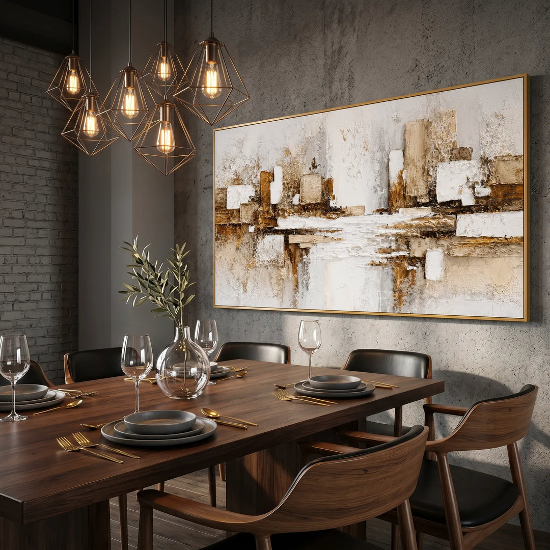 White Gold Abstract Cityscape Original Oil Painting AA