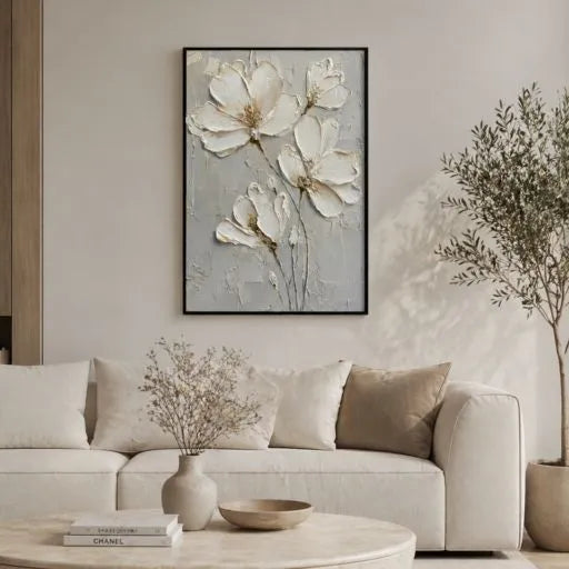 White Magnolia 3D Textured Floral Oil Painting HP