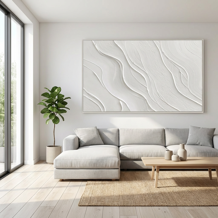 White Minimal Line Textured Abstract Painting TA