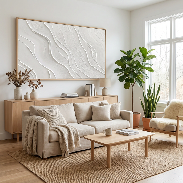 White Minimal Line Textured Abstract Painting TA