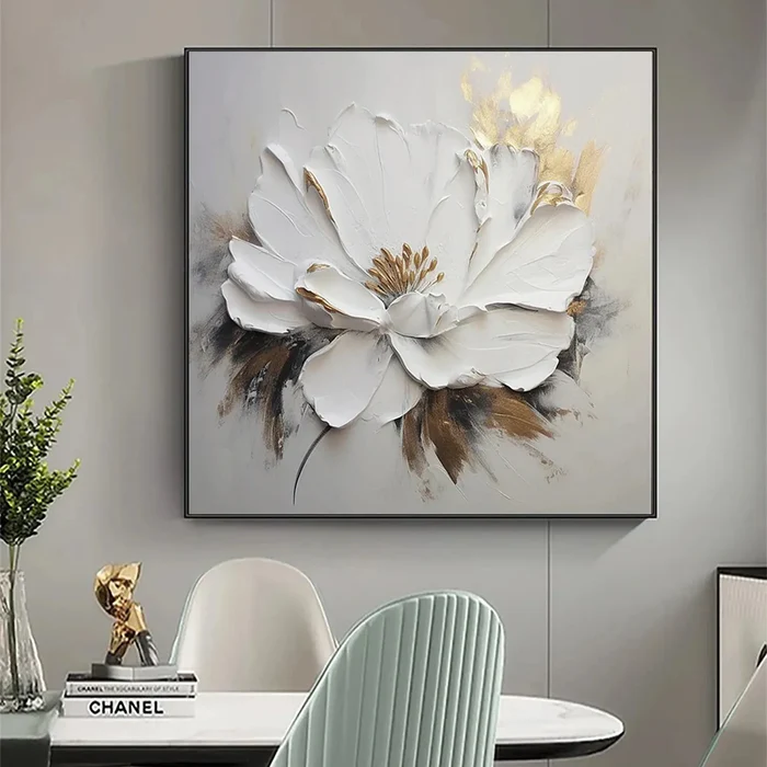 White & Gold Textured Floral Painting MT#2610
