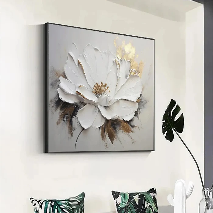 White & Gold Textured Floral Painting MT#2610