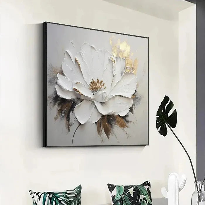 White &amp; Gold Textured Floral Painting MT