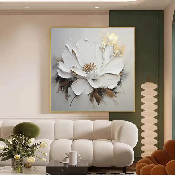 White &amp; Gold Textured Floral Painting MT