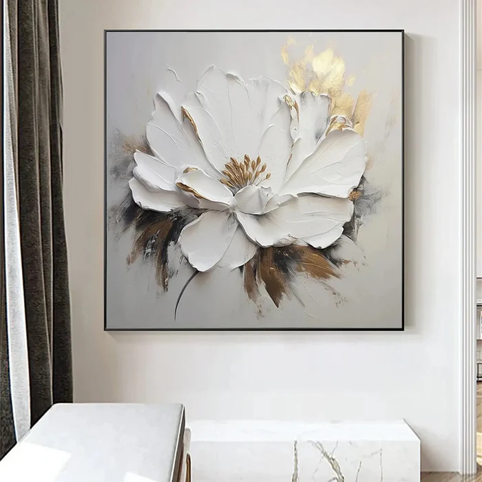 White & Gold Textured Floral Painting MT#2610