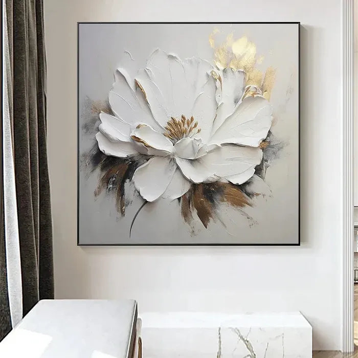 White &amp; Gold Textured Floral Painting MT