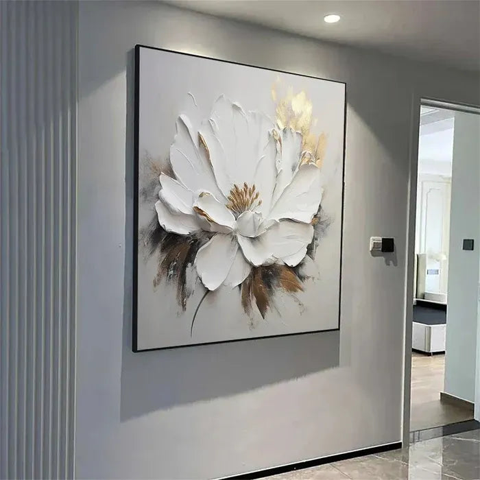 White &amp; Gold Textured Floral Painting MT