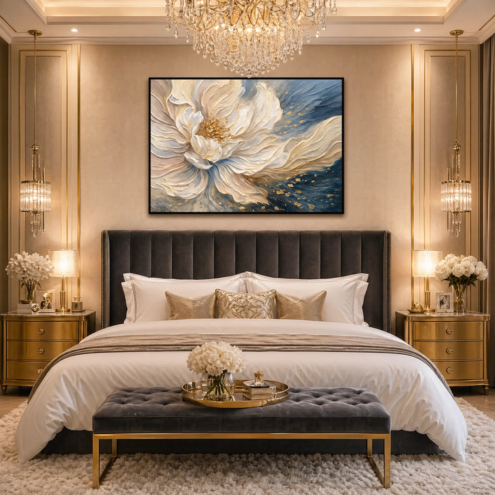 3D Petal Floral Oil Painting Navy Gold Wall Art HP