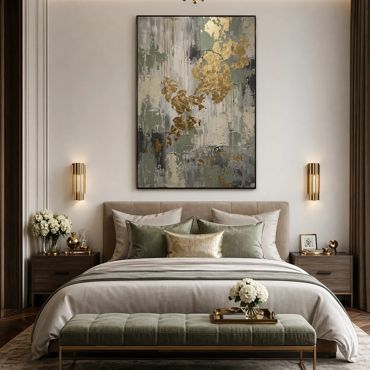 Sage Green Abstract Oil Painting Gold Leaf Wall Art HP#2808 — Existing room preview room preview