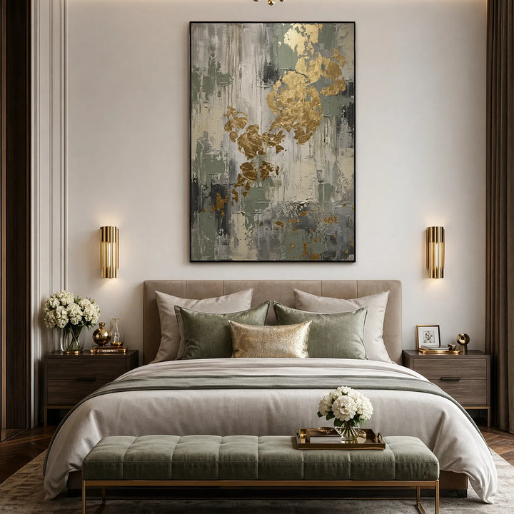 Sage Green Abstract Oil Painting Gold Leaf Wall Art HP