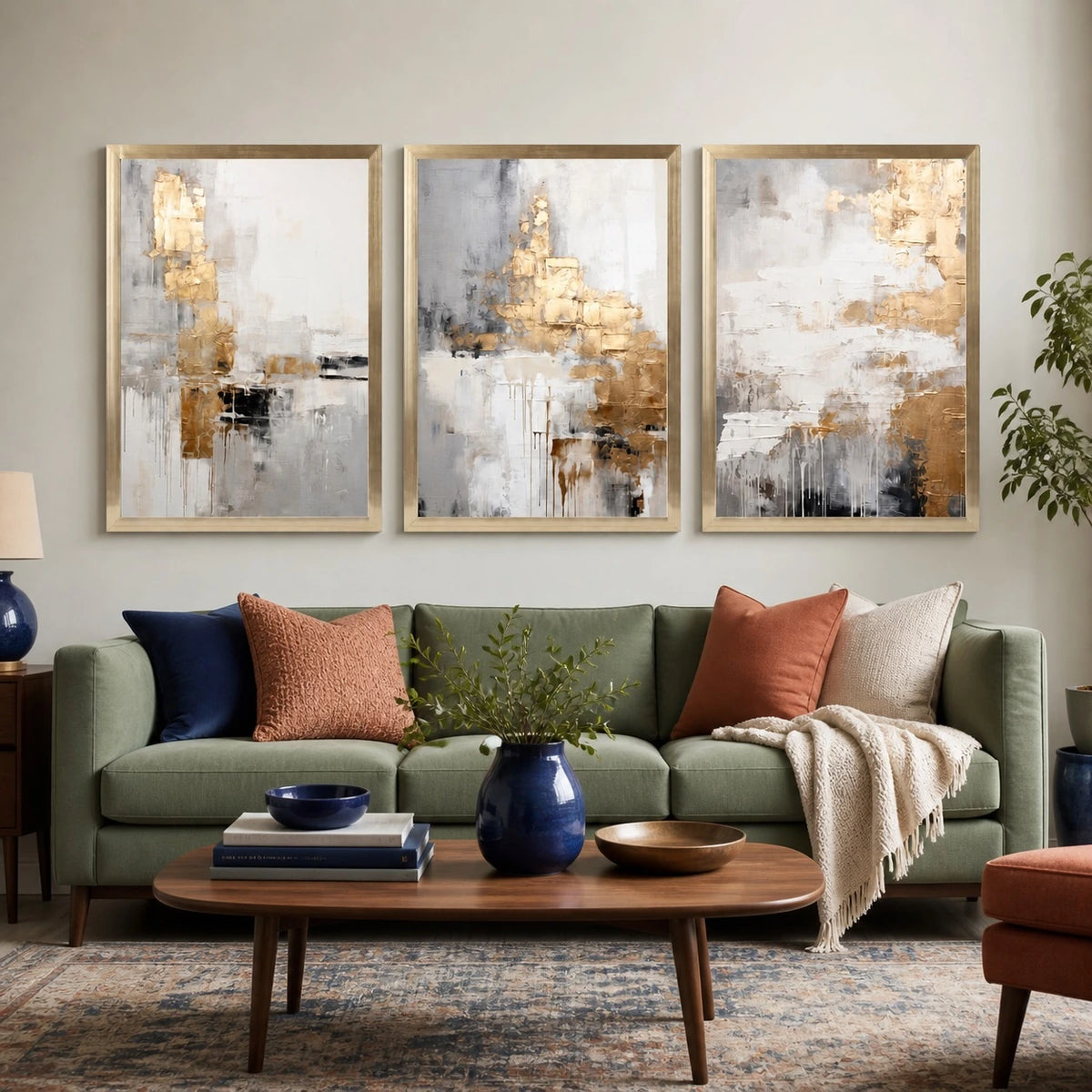 Abstract Beige and Gold Wall Art Triptych – TP#1417