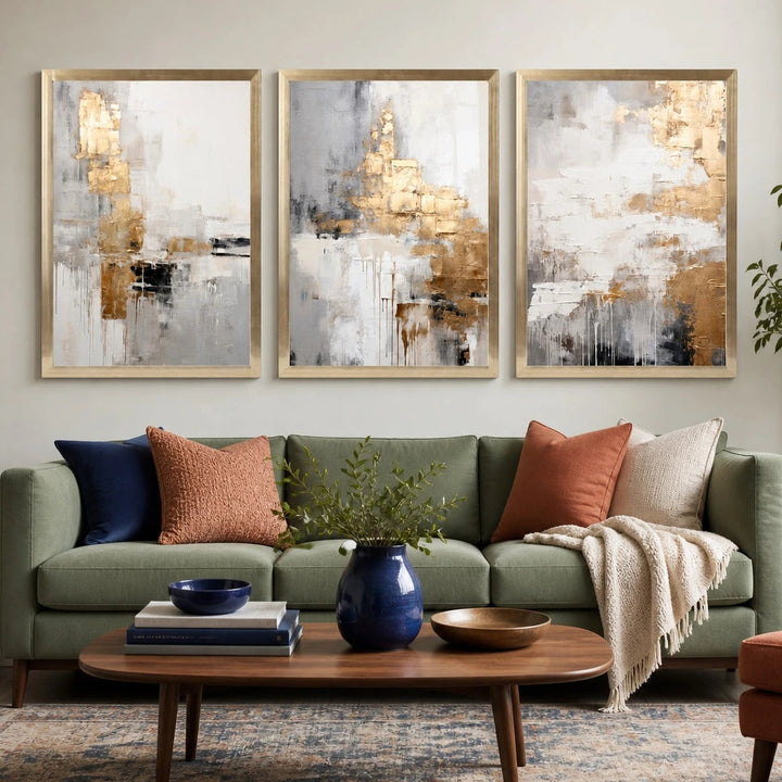 Abstract Beige and Gold Wall Art Triptych – TP