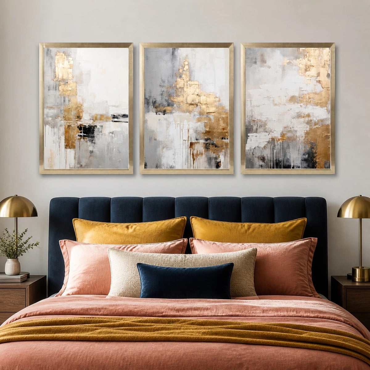 Abstract Beige and Gold Wall Art Triptych – TP#1417