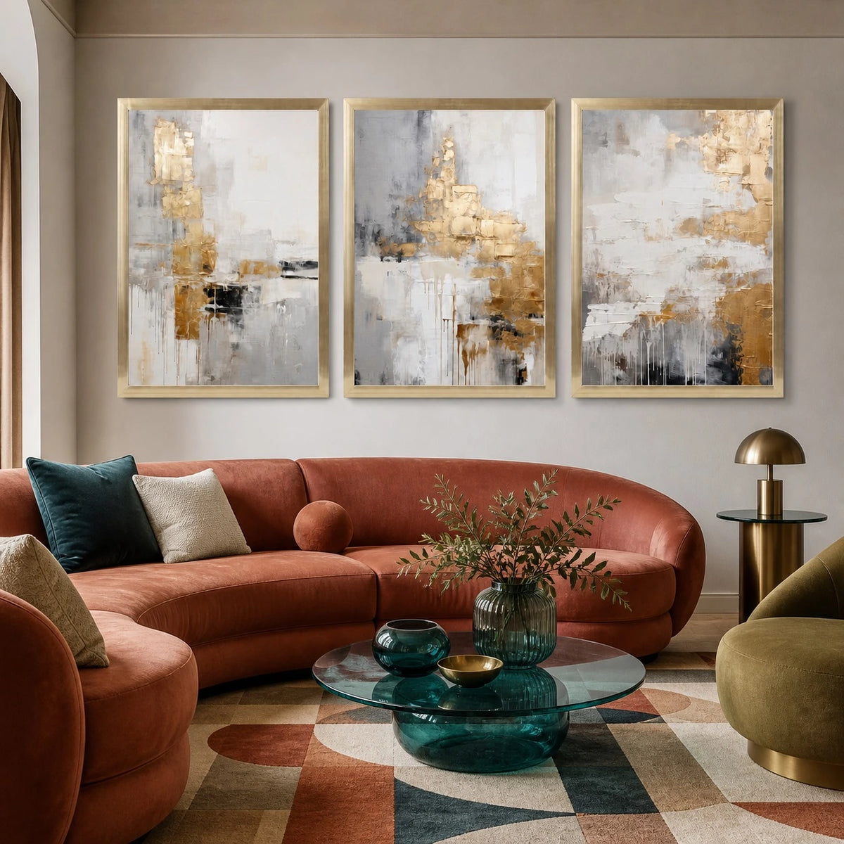 Abstract Beige and Gold Wall Art Triptych – TP#1417