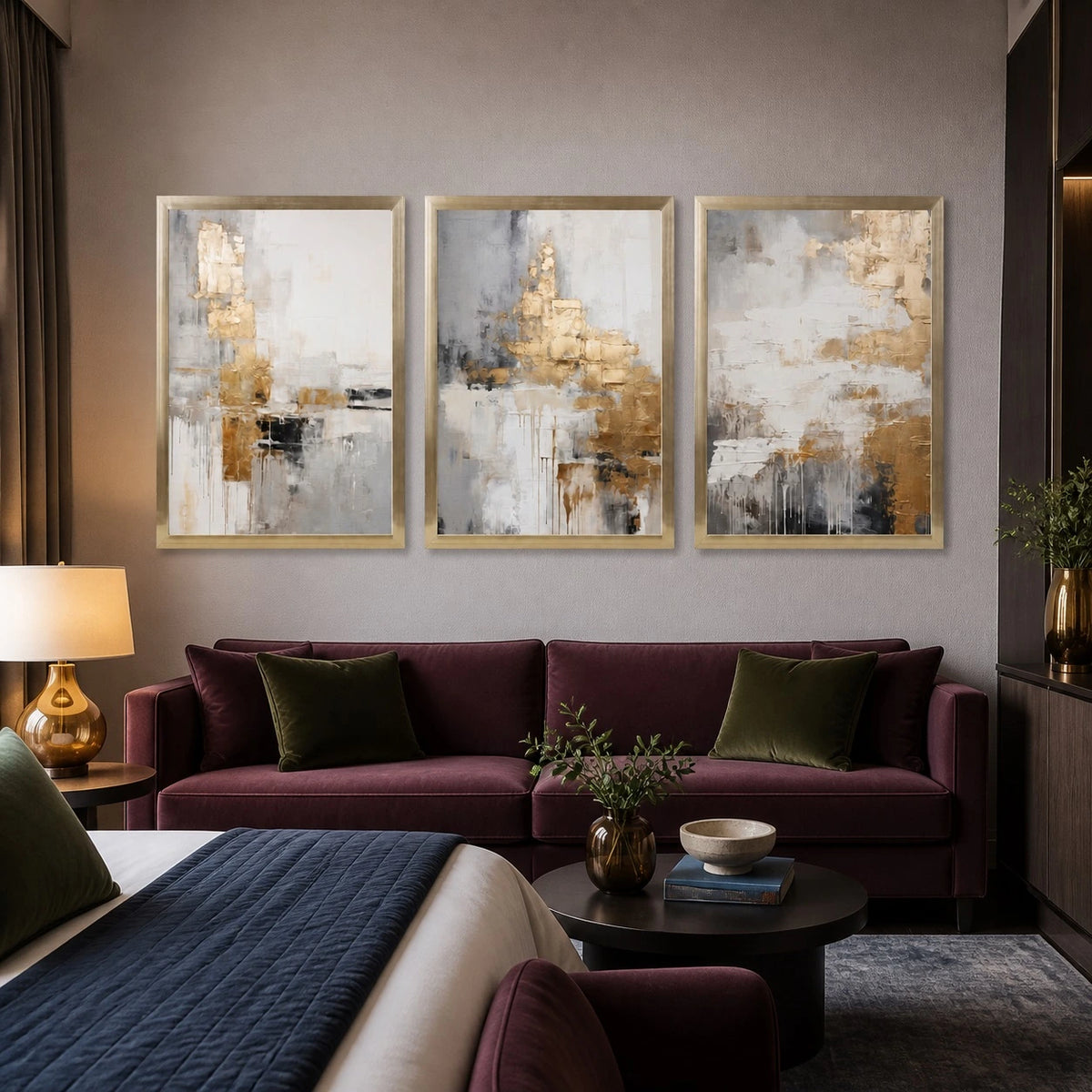 Abstract Beige and Gold Wall Art Triptych – TP#1417