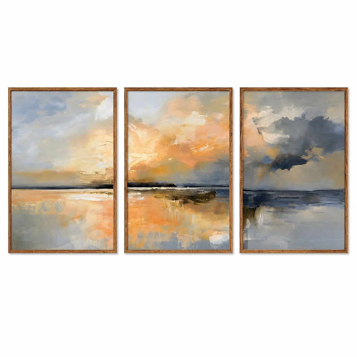 Neutral Beige Blue Coastal Landscape Triptych – TP#1419