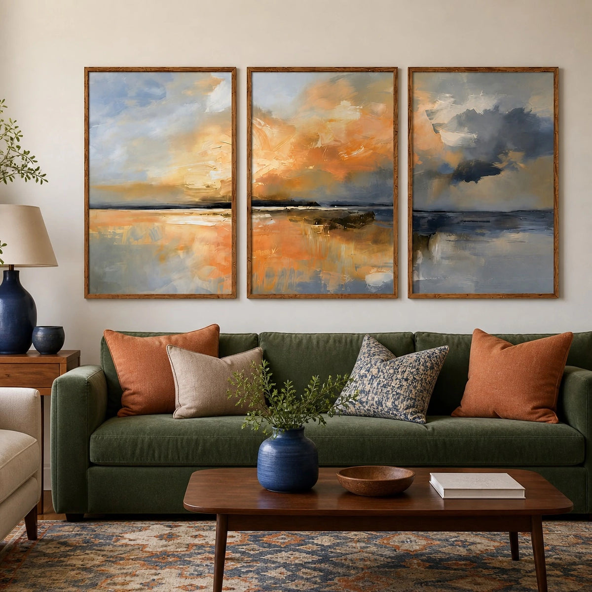 Neutral Beige Blue Coastal Landscape Triptych – TP#1419
