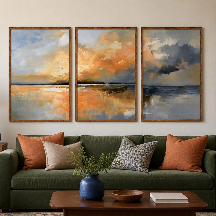 Neutral Beige Blue Coastal Landscape Triptych – TP