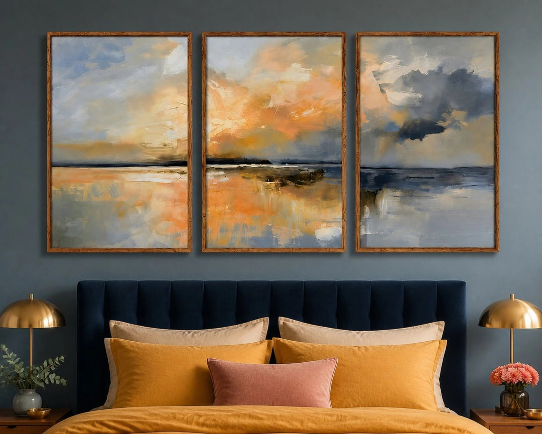 Neutral Beige Blue Coastal Landscape Triptych – TP