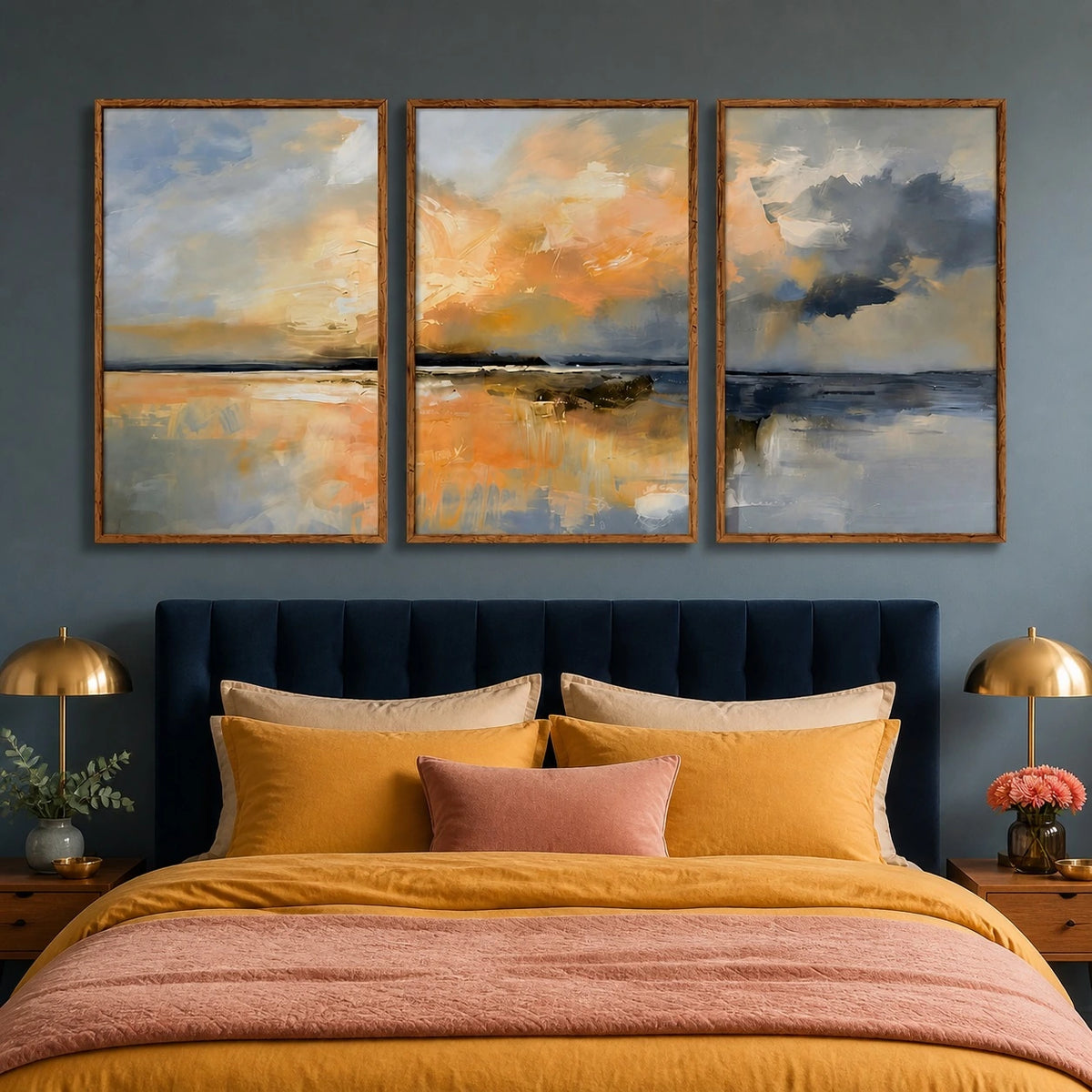 Neutral Beige Blue Coastal Landscape Triptych – TP#1419