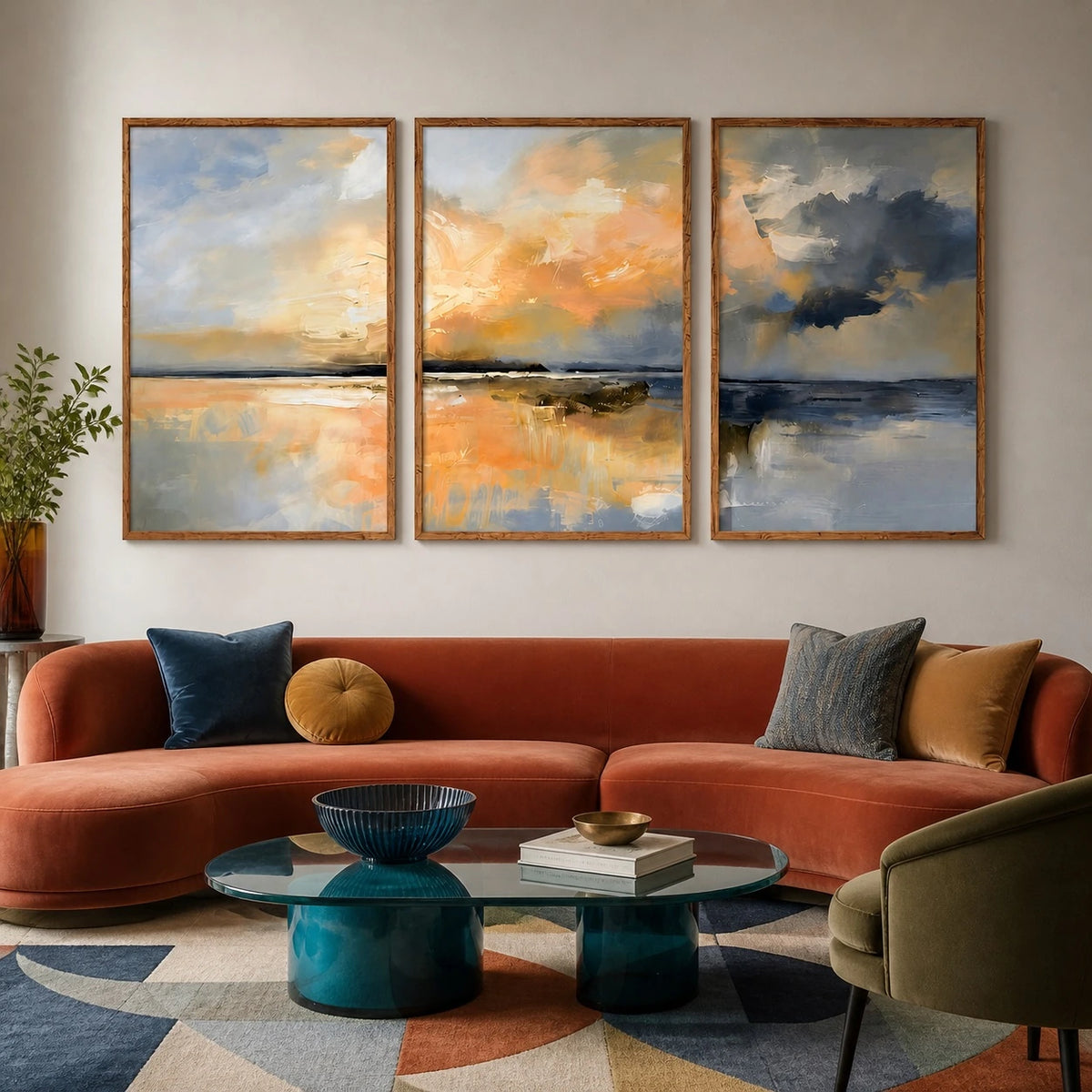 Neutral Beige Blue Coastal Landscape Triptych – TP#1419