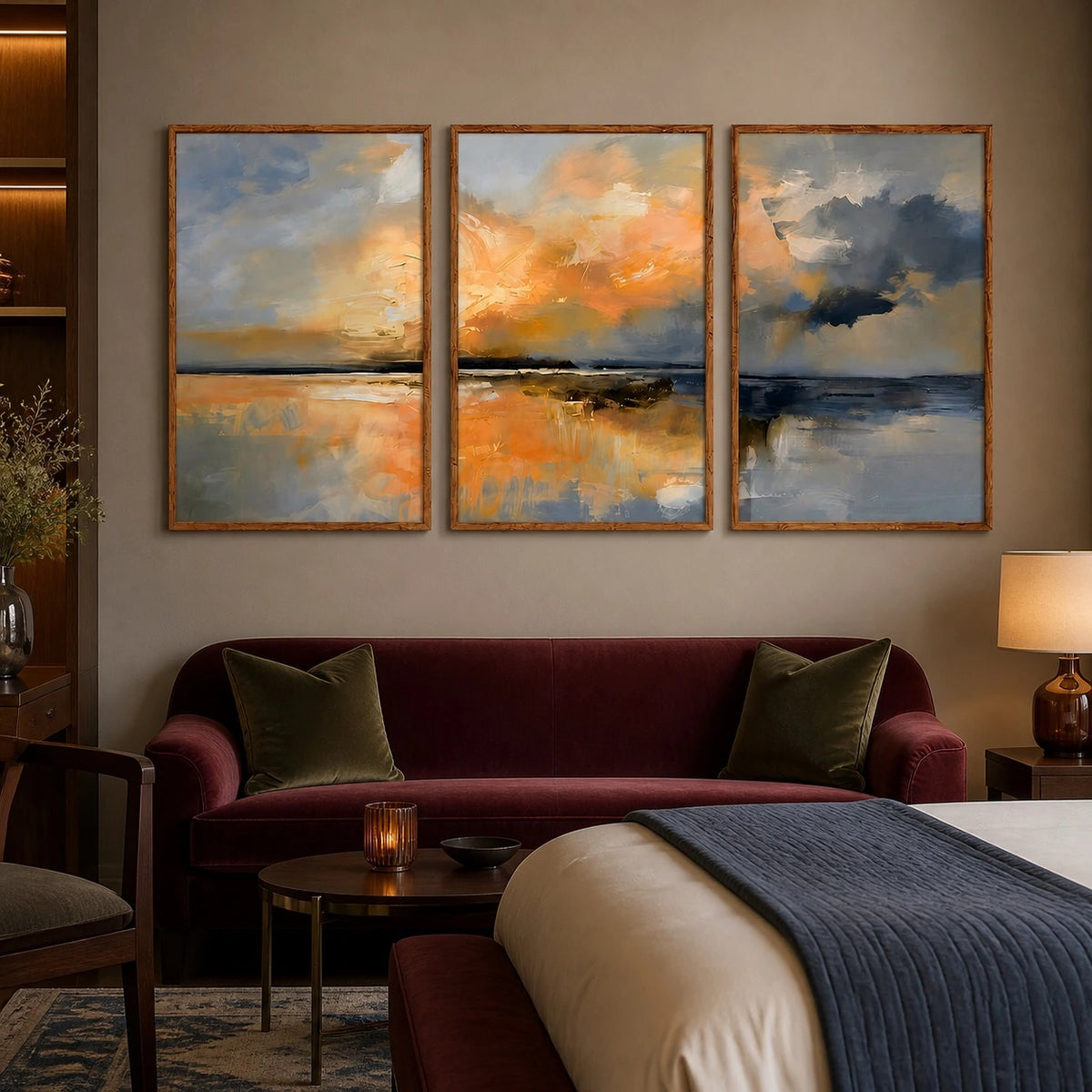 Neutral Beige Blue Coastal Landscape Triptych – TP#1419